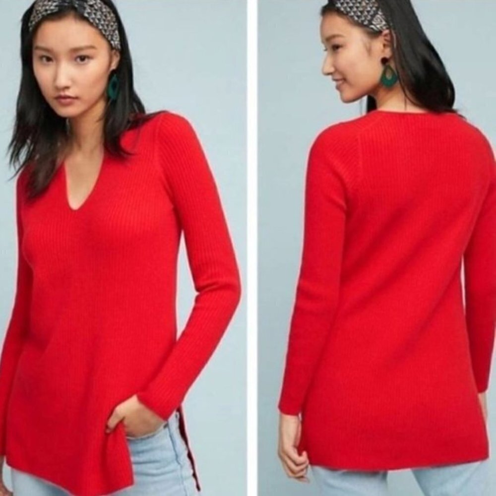 Anthropologie Ett:Twa Ribbed Notch Neck Nylon Blend Sweater in Red Medium
